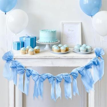 Imagem de Faixa de guirlanda de laço azul – Decorações de festa temáticas de arco pré-amarrado para festa de aniversário Coquette, chá de bebê, chá de panela, decoração de despedida de solteira, suprimentos de