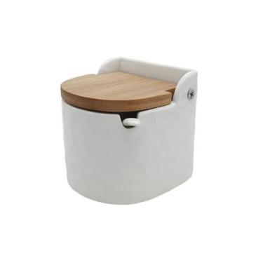 Imagem de Porta Condimentos Quadrado Cerâmica Stoneware Branco Bambu - Ricca Hou