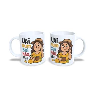 Imagem de Caneca de Cerâmica Branca com Frase Engraçada, Design Colorido com Ilustração de Mulher, Tema Café e Biscoitos (21071)