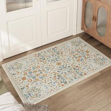 Imagem de ARKIIKI Tapete floral lavável 7,5 x 12,7 cm para cozinha, tapete boho vintage macio antiderrapante, floresta botânica, bege, pequeno tapete de pelo baixo para quarto, entrada, escritório em casa