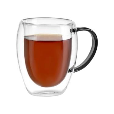 Imagem de Xícara de Vidro Borossilicato com Parede Dupla, 350ml, Alça Preta, Design Moderno, 11,5 x 7,6 cm, Isolamento Térmico para Bebidas Quentes e Frias