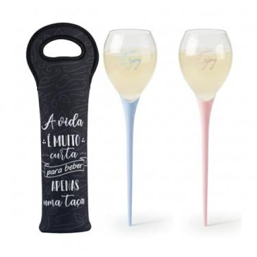 Imagem de Kit 2 Taças Praia Wine on The Beach + Bolsa para Vinho Neoprene – Estaca para Areia – 520ml – Transporte Seguro – Ideal Praia, Pôr do Sol e Passeios (Rosa e Azul, Bolsa para Vinho Just One Glass)