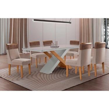 Imagem de Sala Jantar Mesa Imperatriz Tampo c/ Vidro Curvo 180cm+6 Cadeiras Jaspe Madeira Naturale/Off White - Capuccino/Suede Capuccino - Rufato