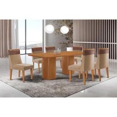 Imagem de Sala Jantar Mesa Maldivas Tampo Curvo 180cm+6 Cadeiras Jaspe Madeira Naturale - Capuccino/Linho Bege - Rufato