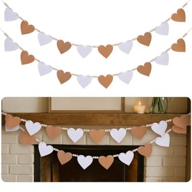 Imagem de LFUTARI Faixa rústica com contas de casa de fazenda de 16,4 m, coração de feltro, guirlanda de contas de madeira, bandeira vintage branca marrom coração decoração dos namorados para casa parede