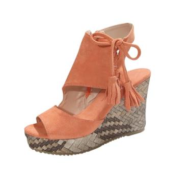 Imagem de Sandálias femininas de salto alto plataforma vazada com zíper lateral com zíper lateral e boca de peixe, Laranja, 36