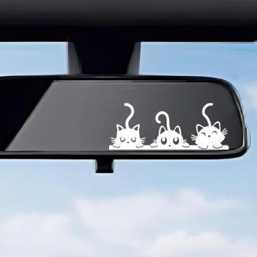 Imagem de Adesivo de vinil com espelho retrovisor de três gatos fofos, adesivo de acessórios de carro de gato fofo à prova d'água, decoração multiuso para banheiros e computadores (branco)