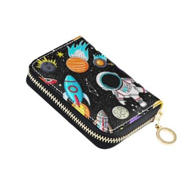 Imagem de Carteira feminina pequena para cartão de crédito com bloqueio de RFID, bolsa de moedas de couro com zíper, astronautas, planeta estrela de foguete