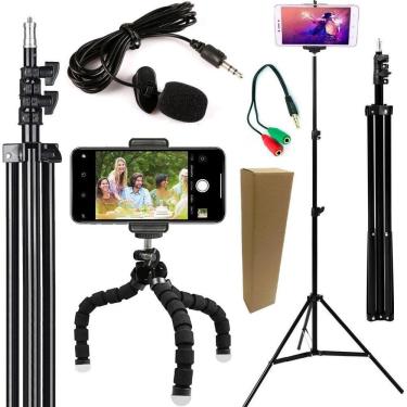 Imagem de Kit Youtuber Tripé Pedestal Microfone Lapela Celular Smartphone + Tripé Flexível Universal