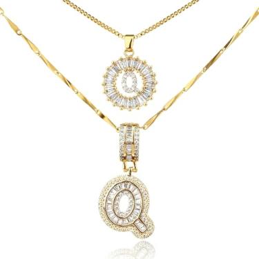Imagem de MINDEKA Pacote com 2 colares femininos com inicial de zircônia cúbica banhada a ouro 14K, joias delicadas com inicial inicial para mulheres, colar com pingente de alfabeto A-Z personalizado, 18"+2