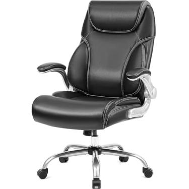 Imagem de OUTFINE Cadeira executiva de couro com encosto alto ajustável ângulos de inclinação cadeira de mesa giratória com enchimento grosso para apoio de braço e design ergonômico para suporte lombar (preto,