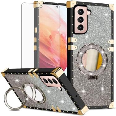 Imagem de Asuwish Capa de celular para Samsung Galaxy S21 5G 6,2 polegadas capa magnética com protetor de tela de vidro temperado e espelho brilhante brilhante anel resistente à prova de choque suporte rígido S