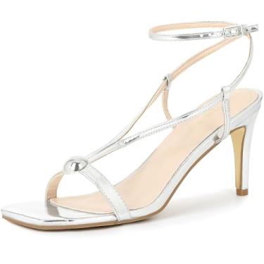 Imagem de Perphy Sandália feminina de bico quadrado com salto agulha e tira no tornozelo, Prata, 35