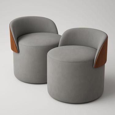 Imagem de Kit 2 Puff Redondo Curvo Orgânico Com Encosto Confortável Resistente Composé Suede Corino Suede Cinza