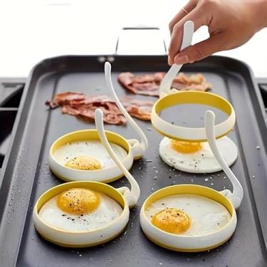 Imagem de Conjunto de moldes de ovos com alça dobrável, 2 peças de anéis redondos antiaderentes, molde de panqueca para cozinhar sanduíches de café da manhã, bufinas de ovo, panqueca, acessórios para grelhar