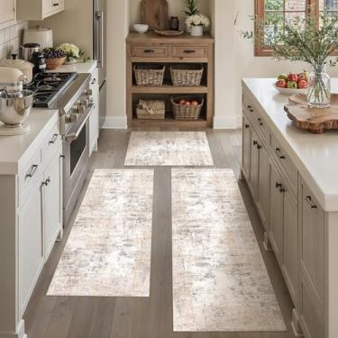 Imagem de WondRg Conjunto de 3 tapetes de cozinha laváveis bege cinza abstrato tapete de cozinha antiderrapante tapete de cozinha macio para banheiro lavanderia corredor pia entrada
