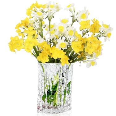 Imagem de Libeking Narcisos artificiais amarelos e brancos flores de primavera falsas 6 pacotes de flores de seda narciso de 40 cm com haste para decoração de casa, decoração de mesa de casamento