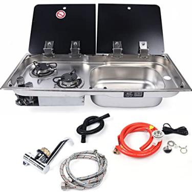 Imagem de Combinação de pia de fogão a gás RV com torneira e tampa, fogão a gás de pia de campista 2 queimadores GLP Cooktop barco caravana Fogão de acampamento inoxidável Pia de cozinha externa RV Fogão de pia