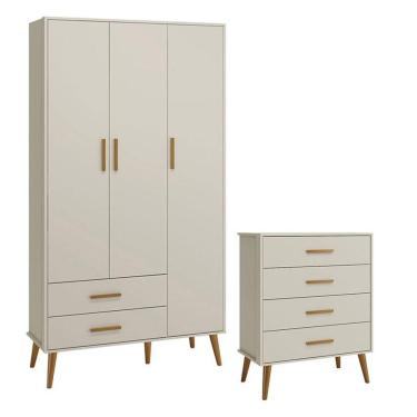 Imagem de Cômoda Gaveteiro E Guarda Roupa Infantil 3 Portas Isis Areia Acetinado - Reller