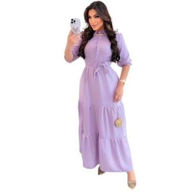 Imagem de Vestido Alfaiataria Evangélico Com Babado Botões e Gola Curto Regular 