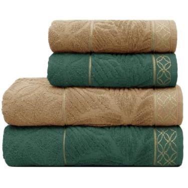 Imagem de Kit 4 Toalhas 100% Algodão – 2 Banho Grandes + 2 Rosto Absorventes, Macias e Felpudas para Uso Diário (Mascavo | Verde Amazônia)