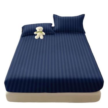 Imagem de Jogos De Lençol Com Elástico Listrado 400 Fios Solteiro 2 Peças Casal e Queen 3 Peças(Azul Escuro,SOLTEIRO 02 Pecas)