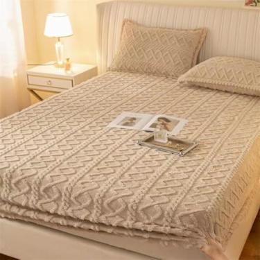 Imagem de Protetor de colchão de veludo macio e fofo para todas as estações, respirável, lençol com elástico e antiderrapante para cama de solteiro/casal/queen/king, cáqui, 180 x 200 cm