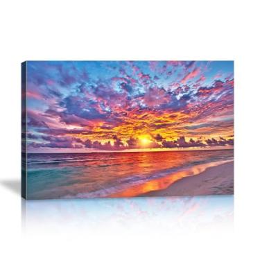 Imagem de Kpasnd Pôr do sol colorido oceano abstrato praia arte de parede laranja vermelho quente nascer do sol arte impressão paisagem marinha pôster para decoração de sala de estar