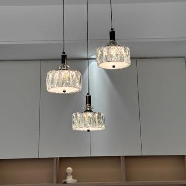 Imagem de Lustre moderno de cristal K9 com iluminação LED para mesa de jantar, cozinha e sala de jantar (cabeça B3). Possui regulagem de intensidade e altura ajustável.