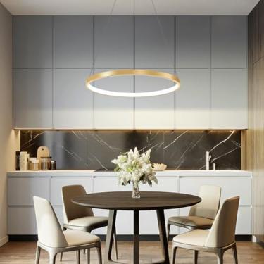 Imagem de Luminária pendente redonda para mesa de jantar, moderna, com LED, lustre para sala de estar, dimerizável com controle remoto, ideal para escritórios, salas de estar e cozinhas (Dourada, 60 c