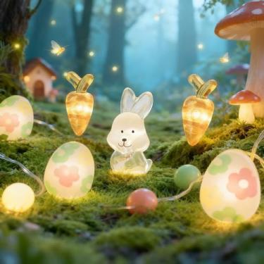 Imagem de Luzes de Páscoa, decorações de primavera de ovo de coelho e cenoura - Luzes de corda de coelho, 20 lâmpadas de LED com plugue USB, 1,8 m à prova d'água para ambientes internos e externos, jardim