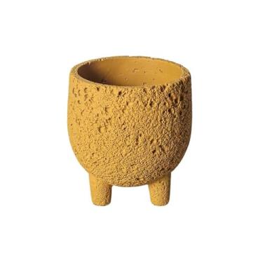 Imagem de Vaso de flores de três pernas com orifício de drenagem, vaso de mesa de cimento com textura de rocha vulcânica, para peitoril da janela, quarto, sala de estar, jardim, plantador (amarelo, pequeno)