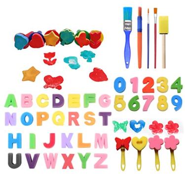 Imagem de Kit de Pintura com Esponja 51 Peças Carimbos Letras e Números Pinceis Quebra-Cabeças Materiais Arte para Educação Estimular a Imaginação Criatividade Melhorar Percepção Cores Esponjas Seguras Macias A