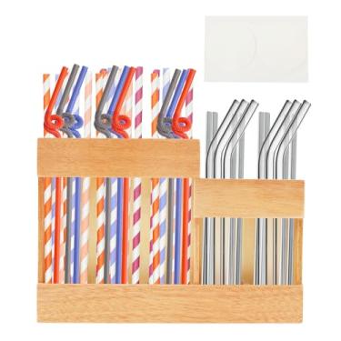 Imagem de Organizador de dispensador de palha reutilizável de madeira, suporte de canudo para porta de armário, armazenamento de palha para armário, suporte compacto de canudo longo e curto com adesivo lateral