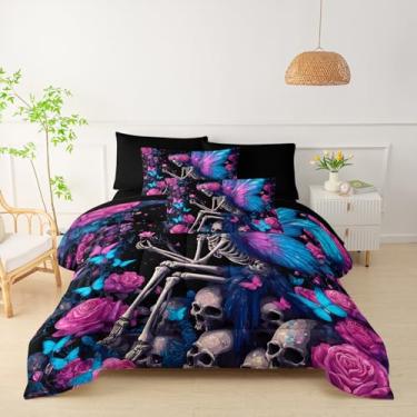 Imagem de QOOMO Conjunto de 7 peças para decoração de quarto infantil de flores rosa, borboleta azul, tamanho solteiro com 1 edredom, 2 fronhas, 2 fronhas pretas, 1 lençol com elástico, 1 lençol de cima