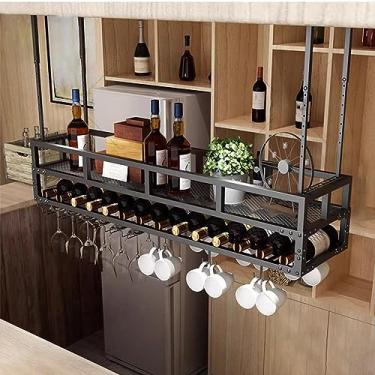 Imagem de Rack de teto para copos de vinho, rack de vinho suspenso com suporte de vidro e prateleira, suporte de garrafa de vinho industrial de 2 camadas, prateleira de teto de metal, para bar, café (cor: preto