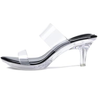 Imagem de NBUUNBU Sandálias femininas de salto alto transparentes prateadas e pretas pequenas plataformas, sandálias de salto alto, bico fino, bico aberto, confortáveis, sandálias de salto com alça dupla