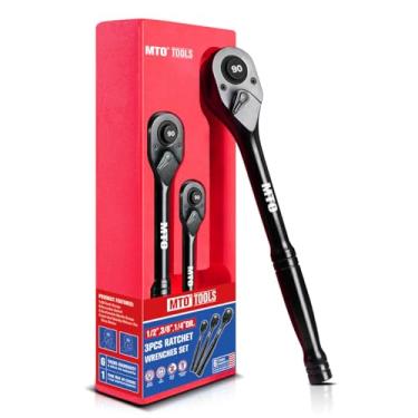 Imagem de MTO Conjunto de 3 chaves catraca de 90 dentes, catraca reversível de 1/10.2 cm, 3/20.3 cm, catraca reversível de 1/5.1 cm, alça ergonômica, feita de liga de cromo, catraca de liberação rápida