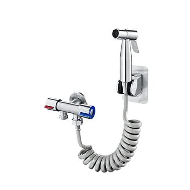 Imagem de Kit de pulverizador de bidê de vaso sanitário ABS de aço inoxidável para cabeça portátil para mangueira de 3,5 m, válvula de ângulo de controle duplo para banheira, cromada (escovada)