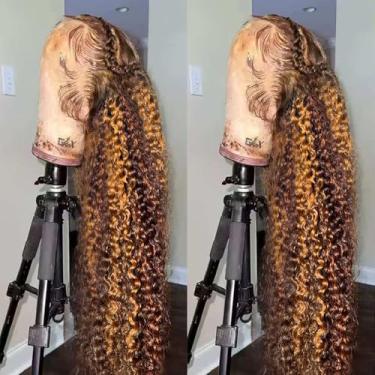 Imagem de Peruca de cabelo humano com alça oculta, onda profunda, 360, cabelo humano pré-arrancado, destaque, ombré, cacheado, profundo, loiro mel, 4/30, peruca de cabelo humano com cordão invisível Ombre 360