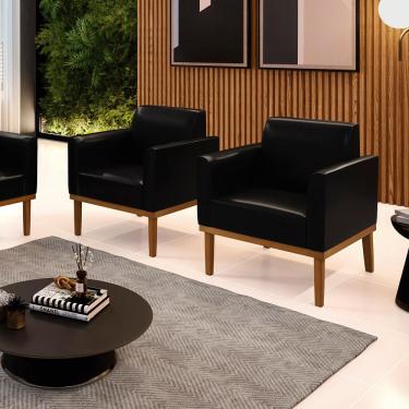 Imagem de Kit 2 Poltronas Decorativas Isabella Pés Fixo em Madeira Castanho PU Preto Brilho G19 - Gran Belo