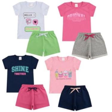 Imagem de 4 Conjunto Verão Básico Infantil Feminino Camiseta Blusinha Shorts Algodão + Cotton Roupa Menina-Feminino