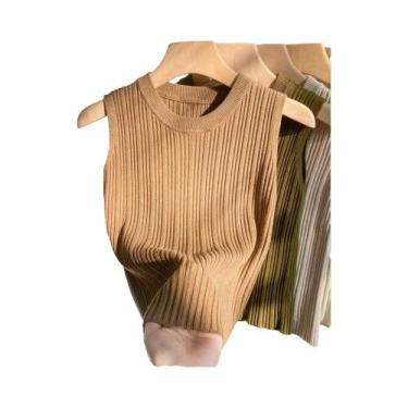 Imagem de Camiseta Sem Mangas Feminina Com Decote Em V, Tricô, Slim Fit, Casual,