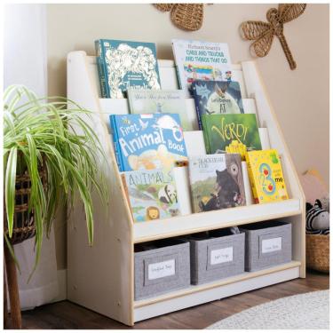 Imagem de Estante infantil Guidecraft EdQ Book and Bin Display branca em madeira com prateleiras...