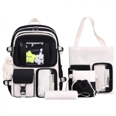 Imagem de Mochila HORHREAR Kawaii 5 em 1 escolar transparente, com pelúcia e estojo, bege/tons colorblock