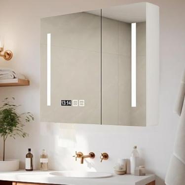 Imagem de Armário De Espelho Com Armazenamento Anti-embaçamento, 3 Luzes De Corespelho Do Banheiro Com Luzes Led E Armazenamento, Espelho De Vaidade Com Organizador, White, 60 * 12 * 70cm/23.6 * 4.7 * 27.6in