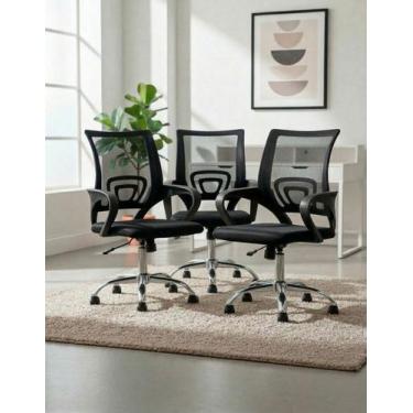 Imagem de Kit 3 Cadeiras Escritório Giratória Mesh Preta Home Office - DOM STARK