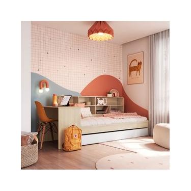 Imagem de Cama Infanto Juvenil com Escrivaninha Estante e Cama Auxiliar Solteiro Carvalho e Branc...