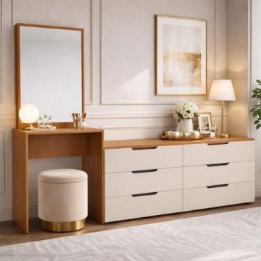 Imagem de Cômoda Madrid 6 Gavetas com Espelho Creme/Freijó - Politorno, Bege