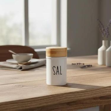Imagem de Saleiro Doha 90ml Branco Em Vidro E Bambu Design Minimalista - Casa He